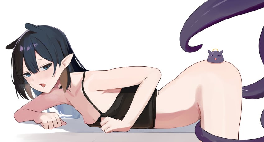 black_camisole black_choker black_hair blue_eyes bottomless camisole choker female from_side hair_between_eyes highres hololive hololive_english hololive_myth ku_roiko long_hair looking_at_viewer looking_to_the_side ninomae_ina'nis nipples open_mouth pointy_ears roikopi shirt takodachi_(ninomae_ina'nis) tentacle tentacle_hair tentacle_sex tongue tongue_out virtual_youtuber white_shirt