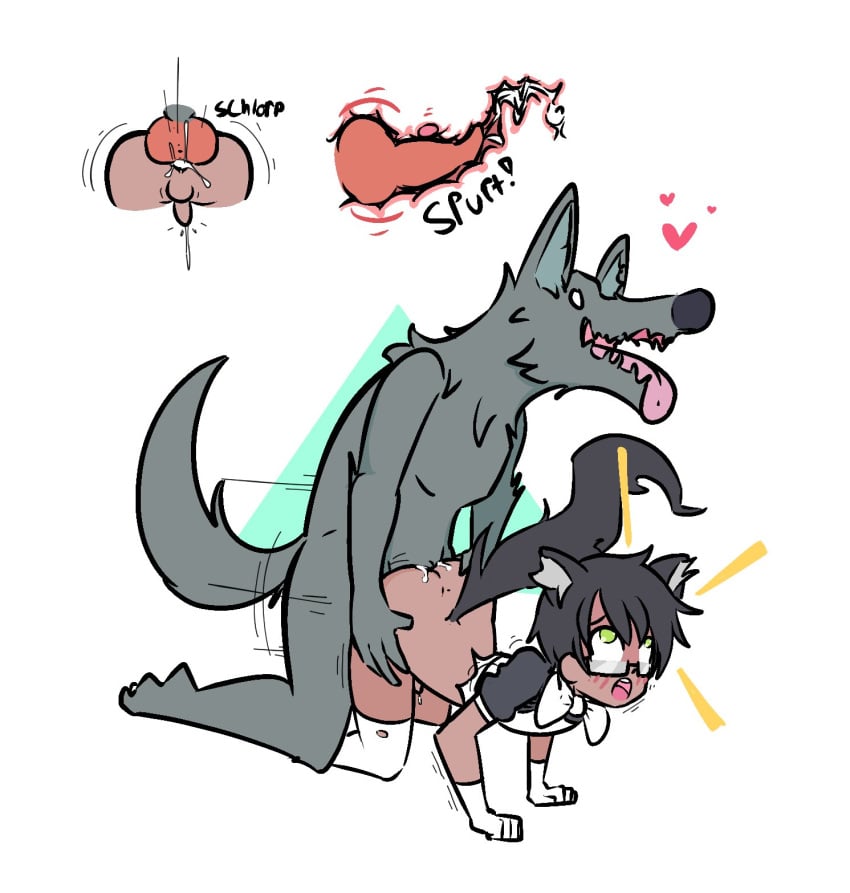 ahe_gao artist_request black_hair breeding canine canine_penis dark-skinned_male doggy_style femboy furry gay green_eyes knot knotted knotting maid_uniform male_ejaculation male_penetrated multiple_angles torn_clothes werewolf