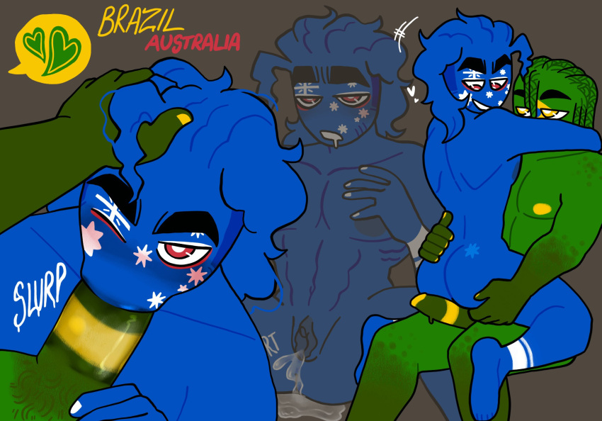 1boy 1cuntboy australia_(countryhumans) blue_body blue_skin brazil_(countryhumans) countryhumans cuntboy green_body green_skin grey_background heart intersex kingofkinks male male_only muscular_cuntboy national_personification pussy pussy_juice red_eyes simple_background text