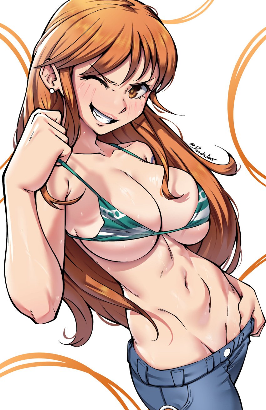 1girls 2d bikini bikini_pull bikini_top blush blush_lines breasts dracksart earrings eyebrows_visible_through_hair female female_only hi_res jeans large_breasts light-skinned_female light_skin long_hair looking_at_viewer nami navel no_panties one_eye_closed one_piece orange_hair pants post-timeskip smile solo solo_female striped_bikini thumb_in_waistband white_background wink winking_at_viewer