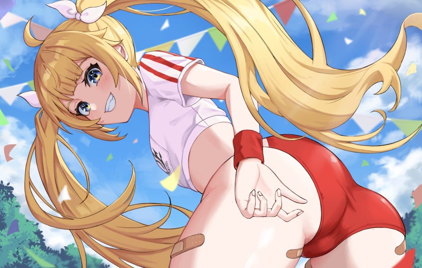 ahoge alternate_costume artist_request ass bandaid bandaid_on_ass bandaid_on_thigh blonde_hair blue_eyes buruma confetti counter:side female gym_uniform hair_ornament highres long_hair looking_at_viewer naielle_bluesteel official_alternate_costume outdoors solo teeth twintails wristband