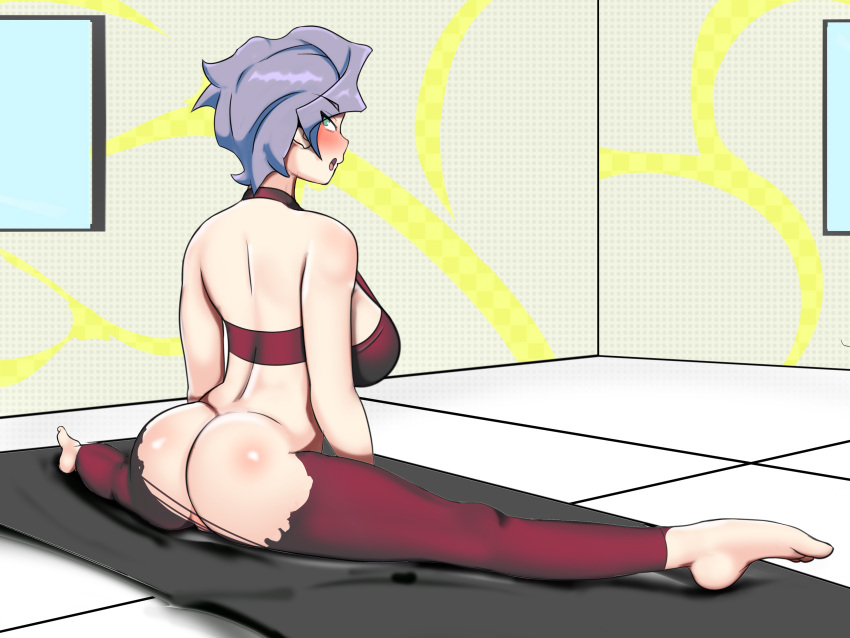 ass ass_focus big_ass big_breasts croix_meridies hole_in_pants little_witch_academia looking_at_viewer milf older_female pink_hair ripped_pants solo t-mimi yoga yoga_pose