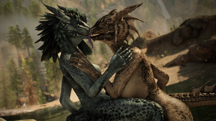 3d_(artwork) anthro argonian bethesda_softworks breasts digital_media_(artwork) duo female female/female hi_res horn kissing legend0fjan nude open_mouth reptile scales scalie skyrim the_elder_scrolls tongue yuri