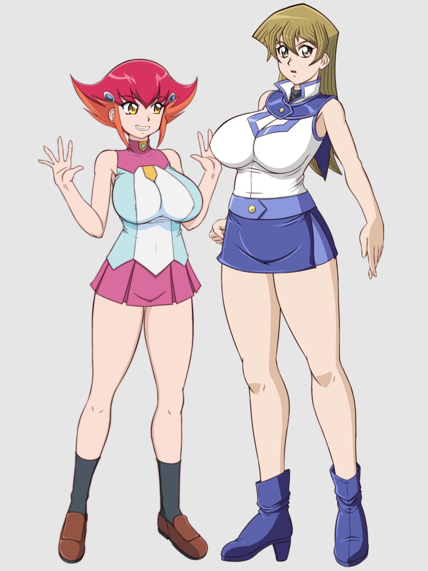 2girls alexis_rhodes anna_kaboom anna_kozuki bell_haircut blonde_hair busty female female_only glamour_works happy_female huge_breasts imminent_breast_grab multiple_girls red_hair skirt thick_thighs two_tone_hair upwing_bell yu-gi-oh! yu-gi-oh!_gx yu-gi-oh!_zexal