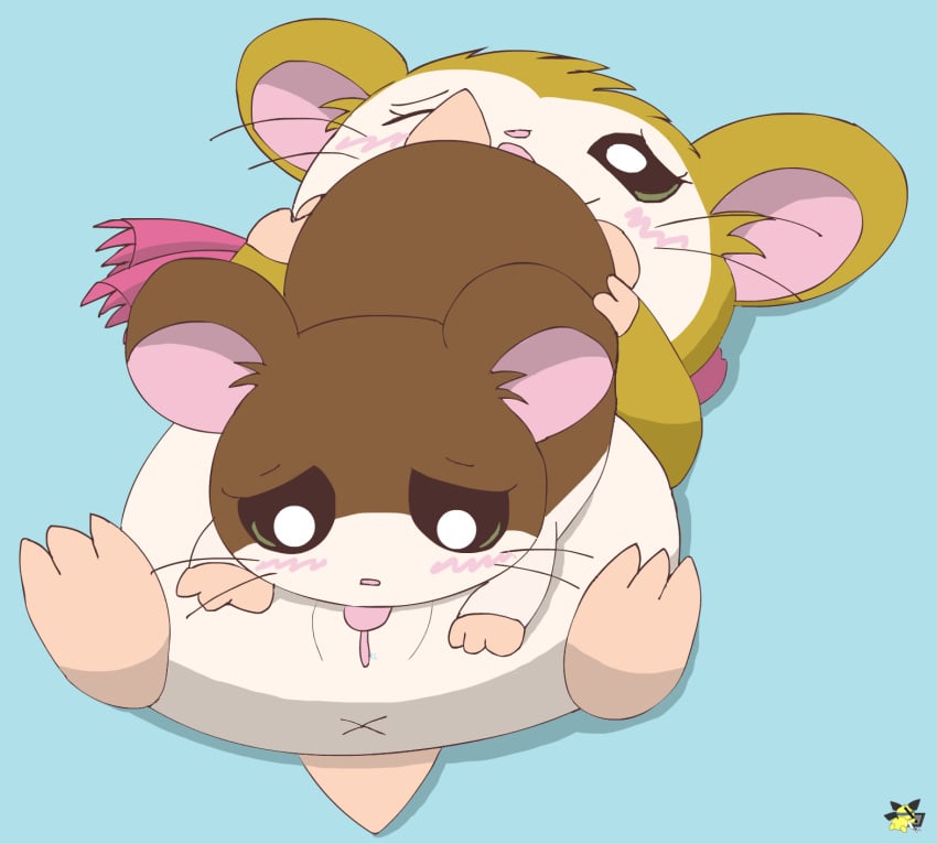 2023 69_position anus artist_logo blush brown_body brown_fur cricetid cunnilingus duo female female/female feral feral_on_feral fur genitals green_eyes hamster hamtaro_(series) hi_res logo lying mammal on_back one_eye_closed oral pashmina_(hamtaro) penelope_(hamtaro) pichu90 pink_scarf pussy rodent scarf sex tan_body tan_fur tongue tongue_out vaginal_penetration x_anus