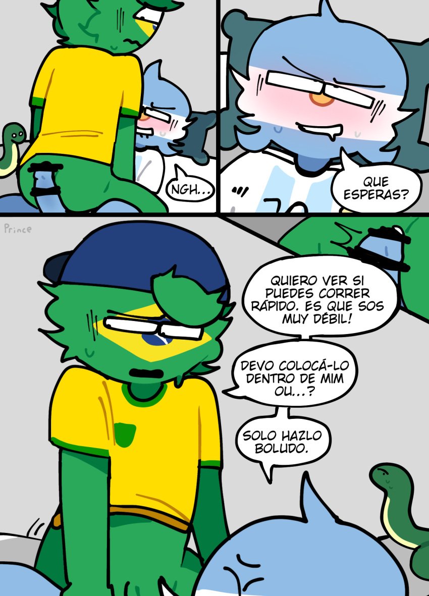 2boys argentina_(countryhumans) brazil_(countryhumans) censor_bar censored censored_penis comic countryhumans gay green_skin grey_body male male_only portuguese_text princedoesstuff spanish_text text yaoi