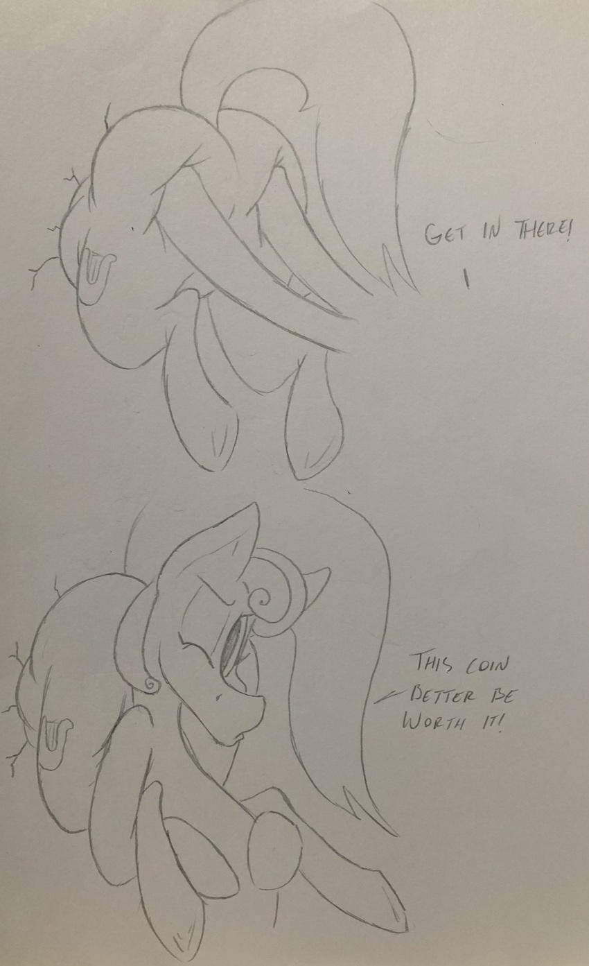 2girls ass big_ass big_butt comic cutie_mark dynamo1940 english english_text equine exposed exposed_ass featureless_crotch female feral friendship_is_magic hasbro lyra_heartstrings_(mlp) monochrome my_little_pony pressed_against squish stuck stuck_in_object sweetie_drops tail text through_wall traditional_media_(artwork) trapped