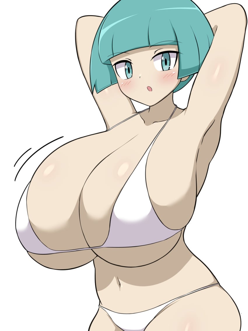 blue_eyes blue_hair blush huge_breasts jaga334 pokemon pokemon_dppt team_galactic team_galactic_grunt team_galactic_grunt_(female) white_background white_bra white_panties