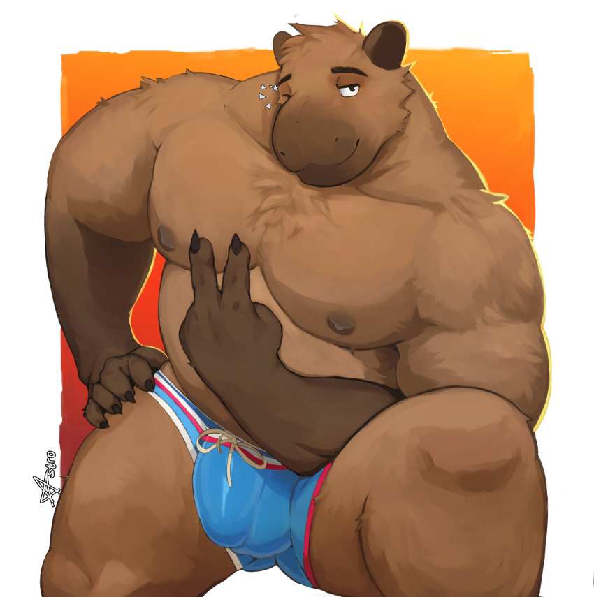 1boy 2023 absurd_res anthro bara biped brown_body bulge capybara caviid claws clothing digital_drawing_(artwork) digital_media_(artwork) eyebrows finger_claws fur gay genital_outline hi_res looking_at_viewer male male_only mammal muscular muscular_anthro muscular_male nipples one_eye_closed penis_outline rodent rojoslushy simple_background swimwear wink