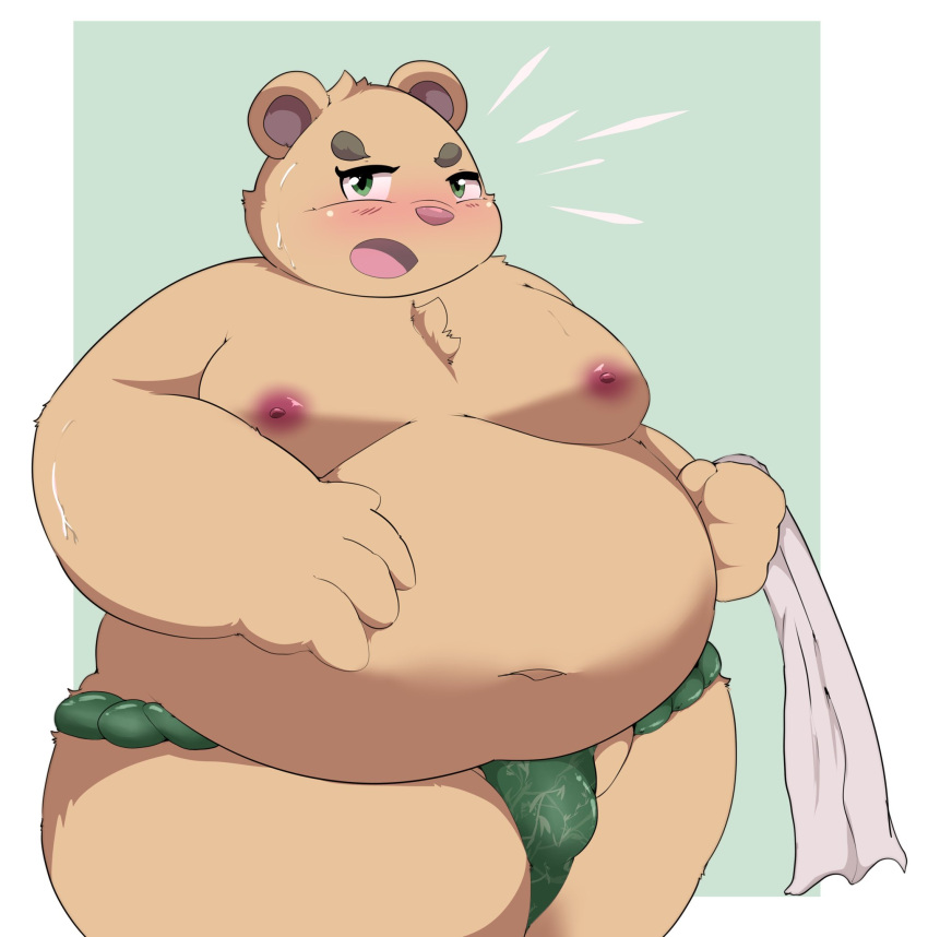 2023 anthro asian_clothing bear belly big_belly blush bodily_fluids clothing east_asian_clothing fundoshi green_clothing green_fundoshi green_underwear hi_res inigo_(kusosensei) japanese_clothing kemono kusosensei male mammal moobs nipples obese obese_male overweight overweight_male solo sweat towel underwear