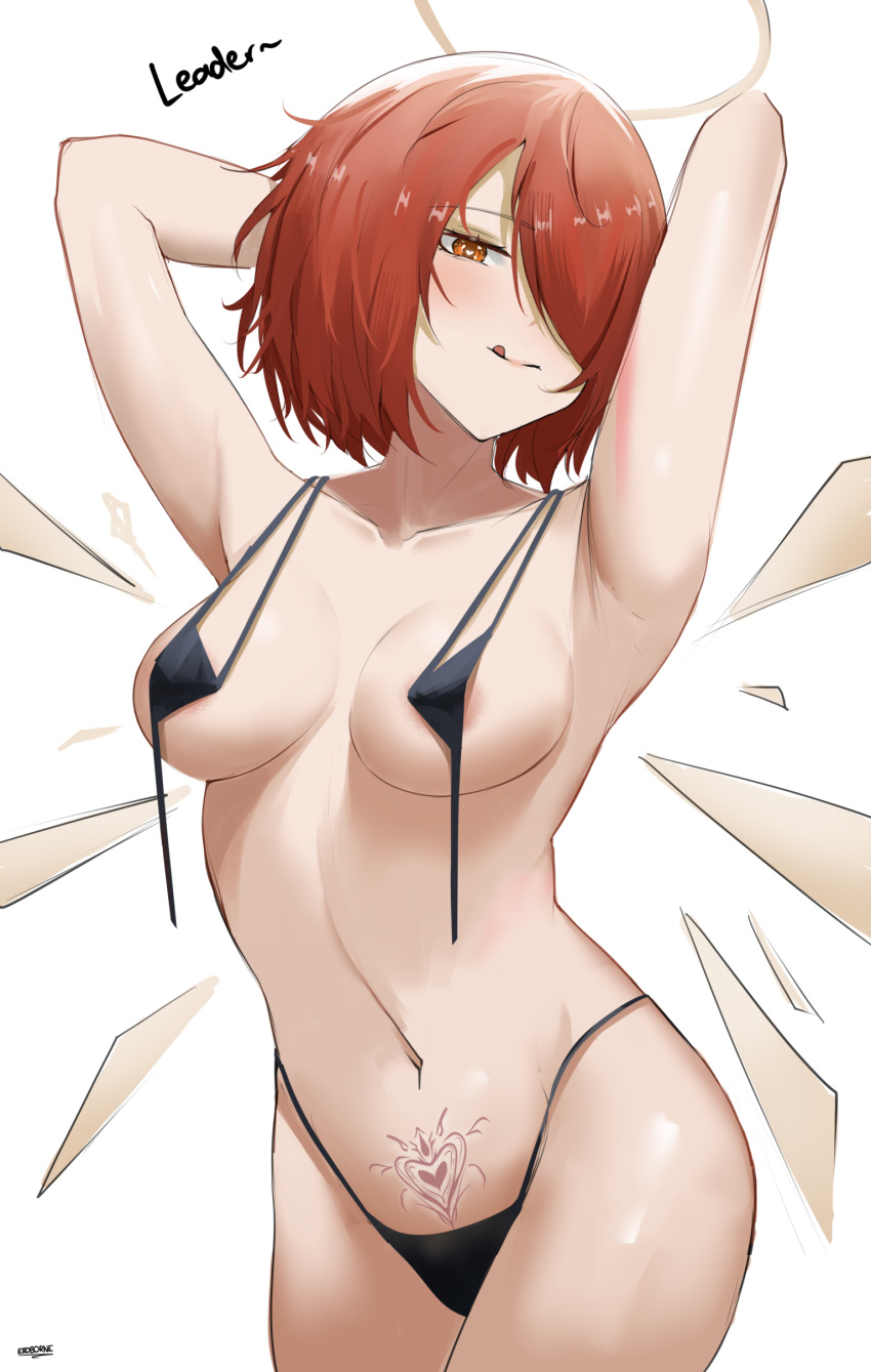 angel areola areola_slip arknights armpits arms_behind_head black_bikini black_panties black_underwear breasts eroborne exusiai_(arknights) halo heart-shaped_pupils medium_breasts micro_bikini midriff pubic_tattoo red_hair sling_bikini smile smug thighs thong