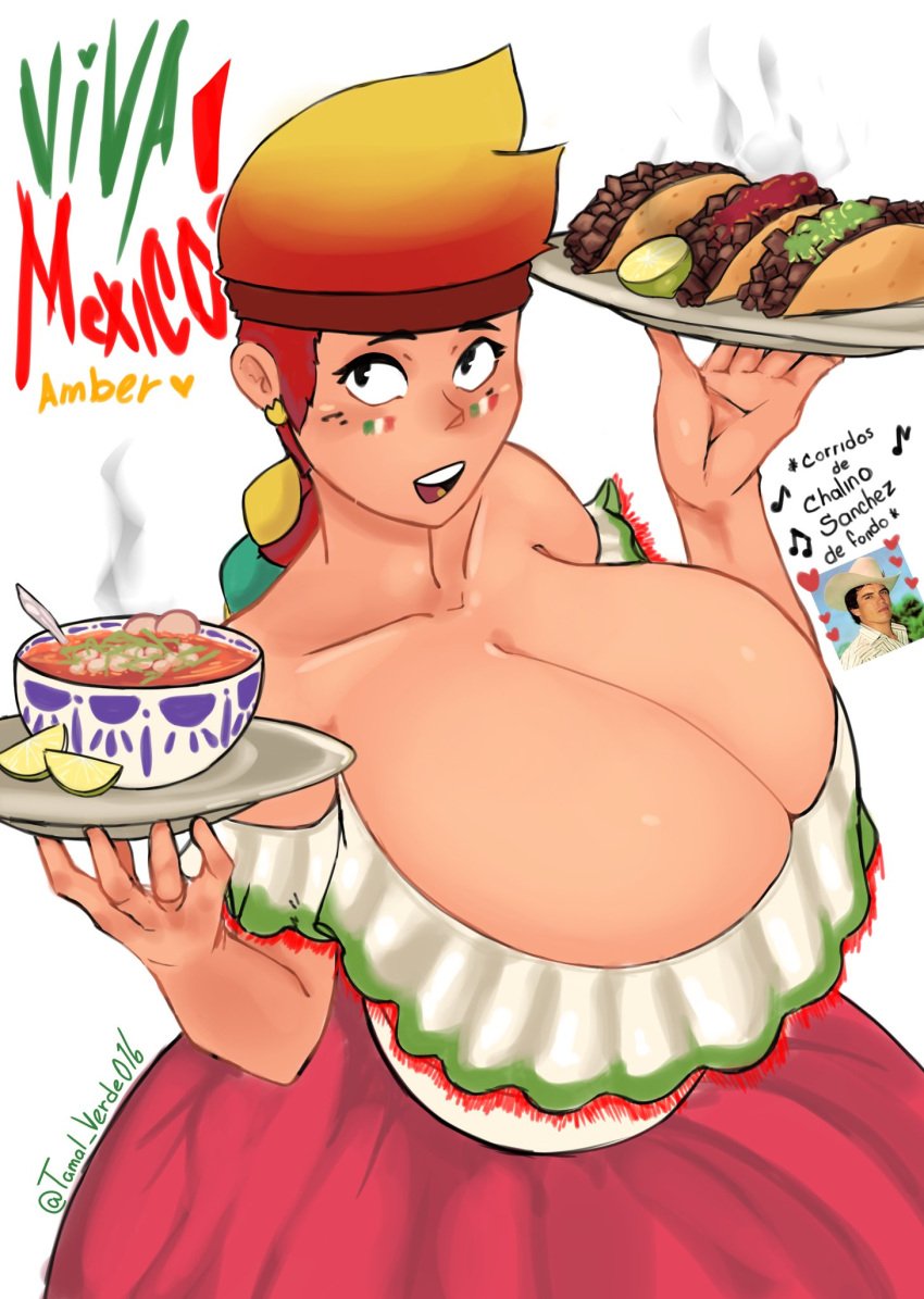 16th_of_september 1girls amber_(brawl_stars) big_breasts black_eyes braided_hair brawl_stars breasts cleavage clothing dia_de_la_independencia_de_mexico dress female_only holidays light-skinned_female light_skin mexican mexican_female mexican_food mexican_meal mexico red_hair solo taco tamalito yellow_hair