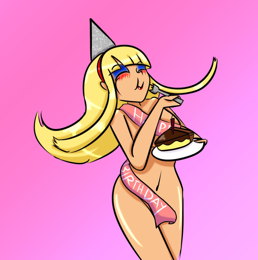 1girls birthday_cake birthday_hat blonde_hair breasts cake eating_food female female_only food happy_birthday lipstick long_hair naked_hat naked_ribbon navel nude nude_female red_lipstick revrookington solo tiffany_(revrookington) tiffany_fay