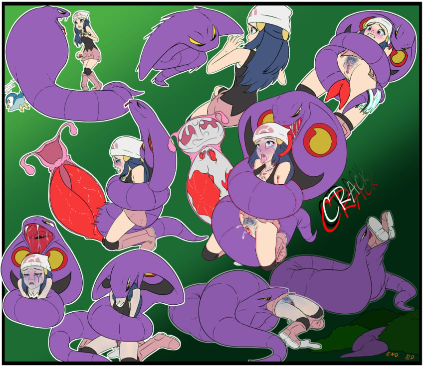 arbok asphyxiation blue_hair coiling constriction crying crying_with_eyes_open dawn_(pokemon) hairy_pussy nintendo penis pokemon pokephilia pussy rape shdingo snake snake_vore tongue_out vore zoophilia