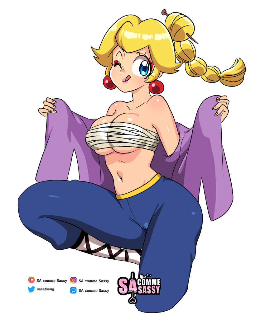 1girls 2023 alternate_costume alternate_hairstyle artist_name blonde_hair blue_eyes cleavage ear_piercing earrings female female_only hair_ornament highres kung-fu_peach large_breasts licking_lips looking_at_viewer mario_(series) nintendo official_alternate_costume princess_peach princess_peach:_showtime! sasatseng solo tongue tongue_out underboob undressing watermark wink wrapped_breasts