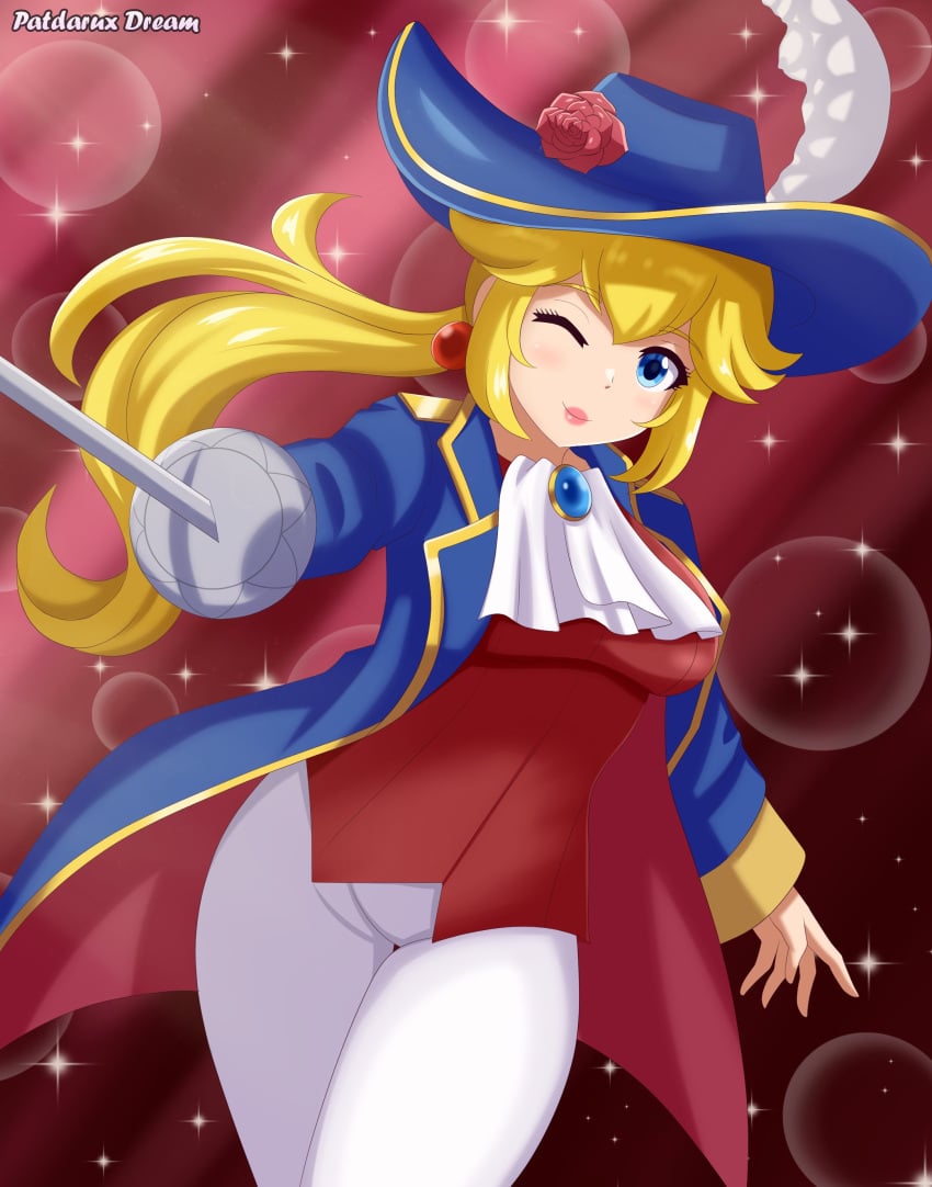 1girls background blonde_hair earrings female female_only fence hat lips lipstick mario_(series) nintendo patdarux patdarux_dream ponytail princess_peach princess_peach:_showtime! sparkles swordfighter_peach thick_thighs tight_clothing tight_pants winking winking_at_viewer