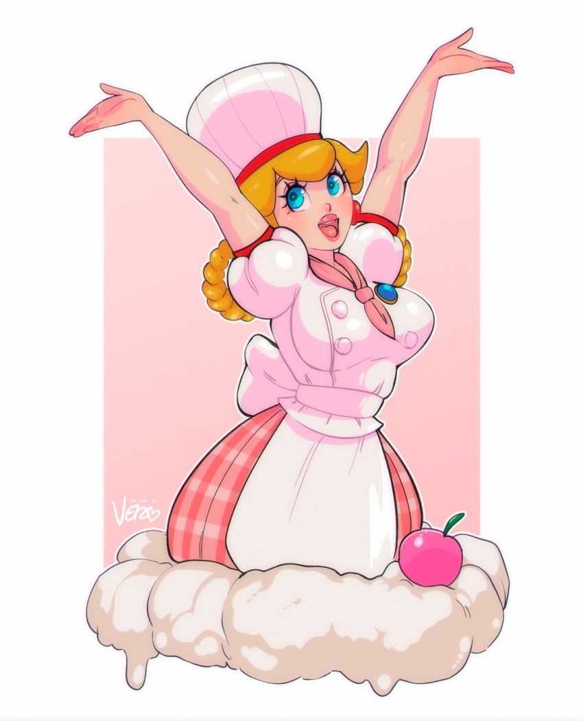 1girls 2020s 2023 alternate_version_available blonde_hair blue_eyes chef_hat cherry clothing female female_only hands-free hands_up jpeg light-skinned_female light_skin lips mario_(series) nintendo patissiere_peach princess_peach princess_peach:_showtime! theartofvero vero