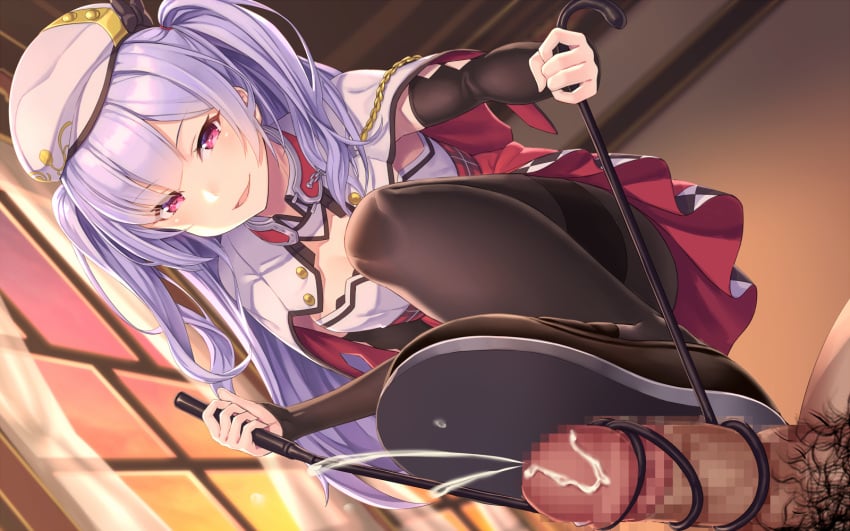 1boy 1girls ajax_(azur_lane) ask_(artist) azur_lane cum femdom footjob footjob_with_one_foot footjob_with_shoes holding_whip indoors light-skinned_female light-skinned_male light_skin loafers offscreen_character royal_navy_(azur_lane) shoejob tied_penis whip