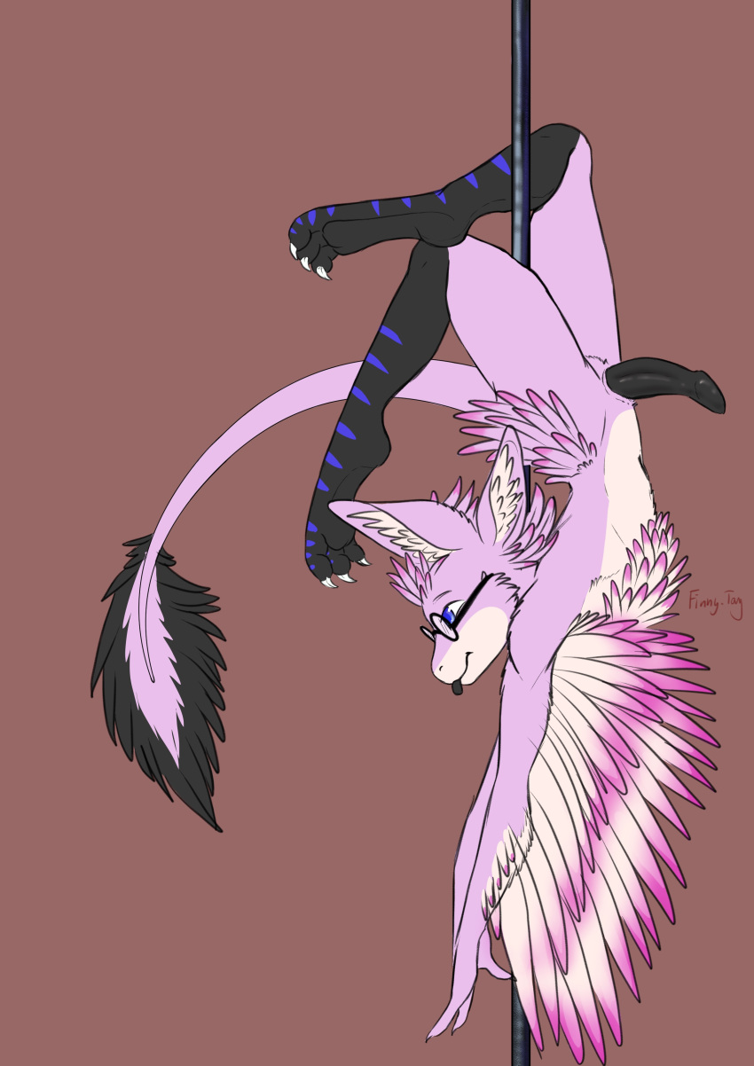 3_toes absurd_res ambiguous_gender anthro avali blep blue_eyes crossed_legs dancing eyewear feathers feet finnytay flexible genitals glasses hi_res kerolink male paws penis pink_body pole pole_dancing solo tail toes tongue tongue_out