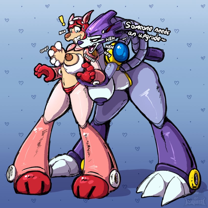 anthro armor big_breasts blue_eyes blush bodily_fluids breast_grab breast_squish breasts canid canine canis capcom claws dialogue domestic_dog duo female female/female forced from_behind_position gem hand_on_breast headgear helmet hi_res iniquity leaning machine mammal mega_man_(series) nipples onomatopoeia purple_body red_body red_eyes robot rule_63 rush_(mega_man) sex small_breasts sound_effects squish surprised_expression sweat tail teasing text treble_(mega_man) wolf