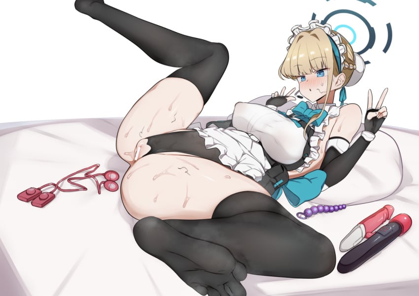 anal_beads apron aqua_bow aqua_bowtie bar_censor blonde_hair blue_archive blue_bow blue_bowtie blue_eyes blue_hairband blush bow bowtie breasts censored cleaning_&_clearing_(blue_archive) double_v egg_vibrator female furau hairband highleg highleg_leotard hitachi_magic_wand large_breasts leotard maid_apron maid_headdress millennium_science_school_student off_shoulder pussy sex_toy spread_legs thighhighs toki_(blue_archive) v vibrator white_wrist_cuffs