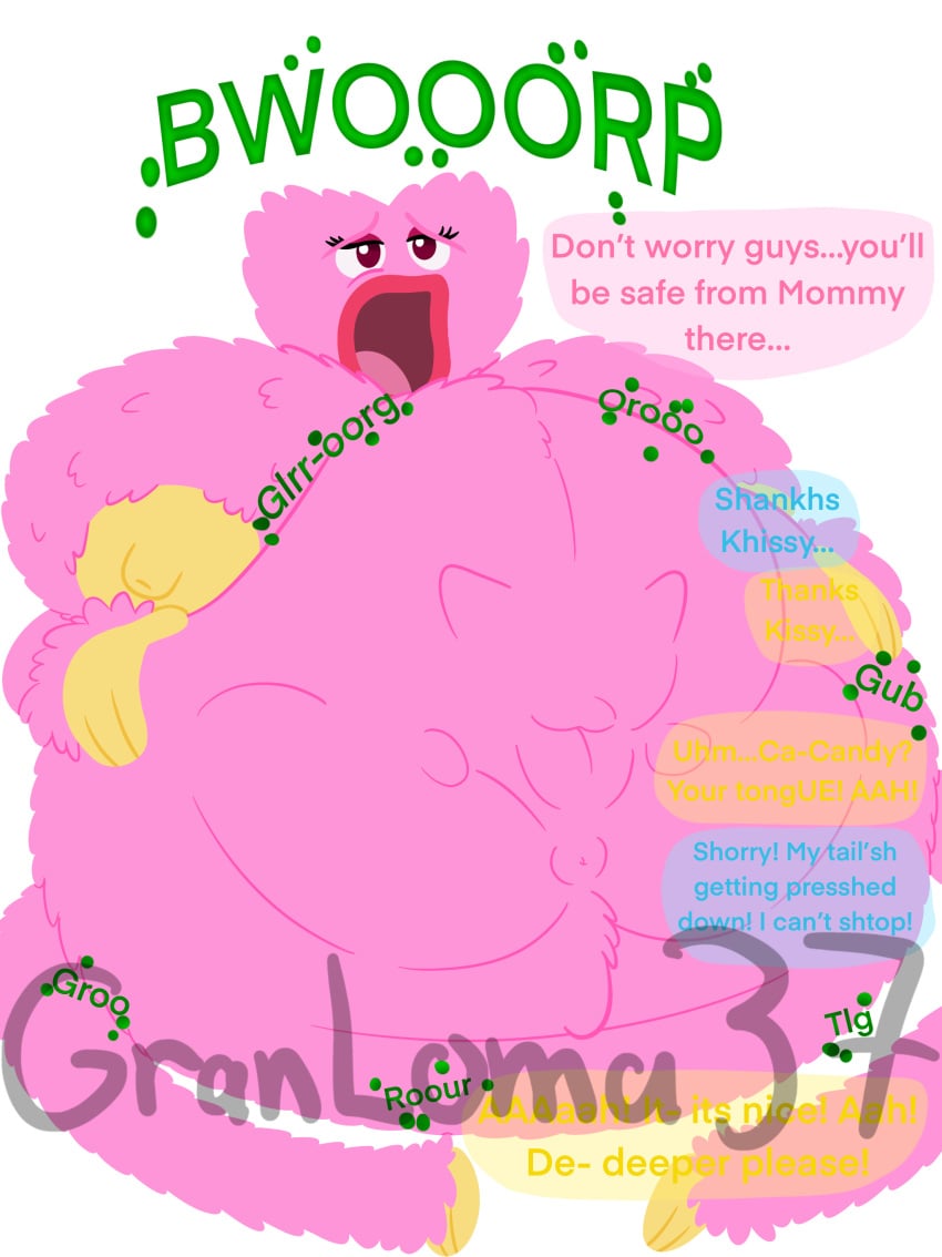 big_belly big_breasts bunzo_bunny candy_cat candy_cat_(poppy_playtime) inflation kissy_missy pink_body pink_fur poppy_playtime text text_bubble vore vore_belly