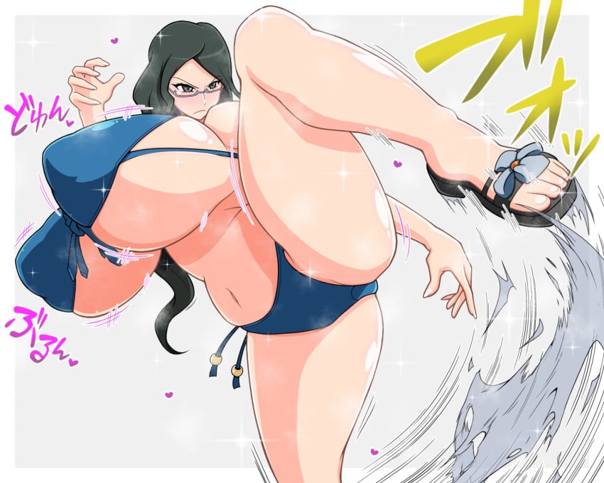 1girls alternate_breast_size beach bikini black_eyes black_hair breasts_bigger_than_head eabeeee female huge_breasts hyper_breasts leg_up long_hair overlord_(maruyama) solo swimsuit underboob water yuri_alpha