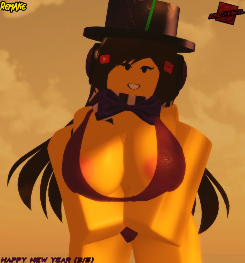 1girls 3d 3d_(artwork) alternate_version_available artist_logo bikini bowtie english_text hat konekokitten long_hair outside roblox roblox_avatar roblox_paheal robloxian rule_63 scarf sunset tagme text tophat underwear youtube youtuber