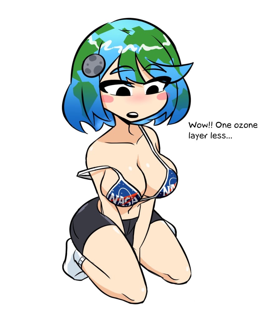 1girls blue_hair bra_down bra_strap confused_look confusion earth earth-chan english_text female female_focus female_only fymaxine gray_shorts green_hair moon nasa short_shorts shorts sitting tagme text