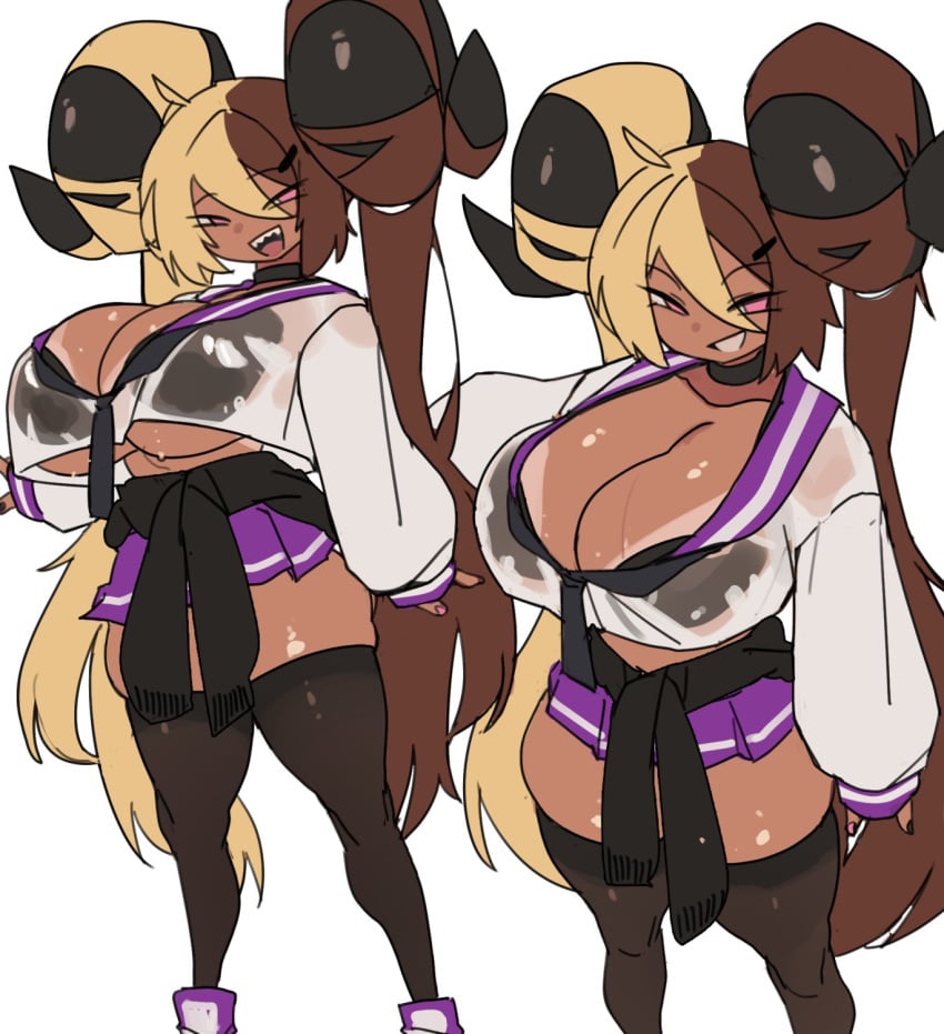 1girls aife_(zanamaoria) big_breasts big_horns blonde_hair bra_visible_through_clothes brown_hair choker curved_horns dark-skinned_female dark_skin female female_only flat_colors gyaru hair_on_horn hi_res horns jacket_around_waist long_hair looking_at_viewer miniskirt narrowed_eyes original original_character pink_eyes smiling smiling_at_viewer smirk solo stockings succubus tanline thick_thighs transparent_clothing two_tone_hair white_background zanamaoria