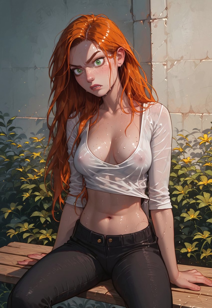 ai_generated annoyed_expression athletic_female black_pants cleavage clothed clothing female female_only freckles ginger ginger_hair green_eyes lampero long_hair long_sleeves looking_at_viewer midriff see-through_clothing see-through_top sitting sweat transparent_clothing wet_clothes white_shirt wide_eyed