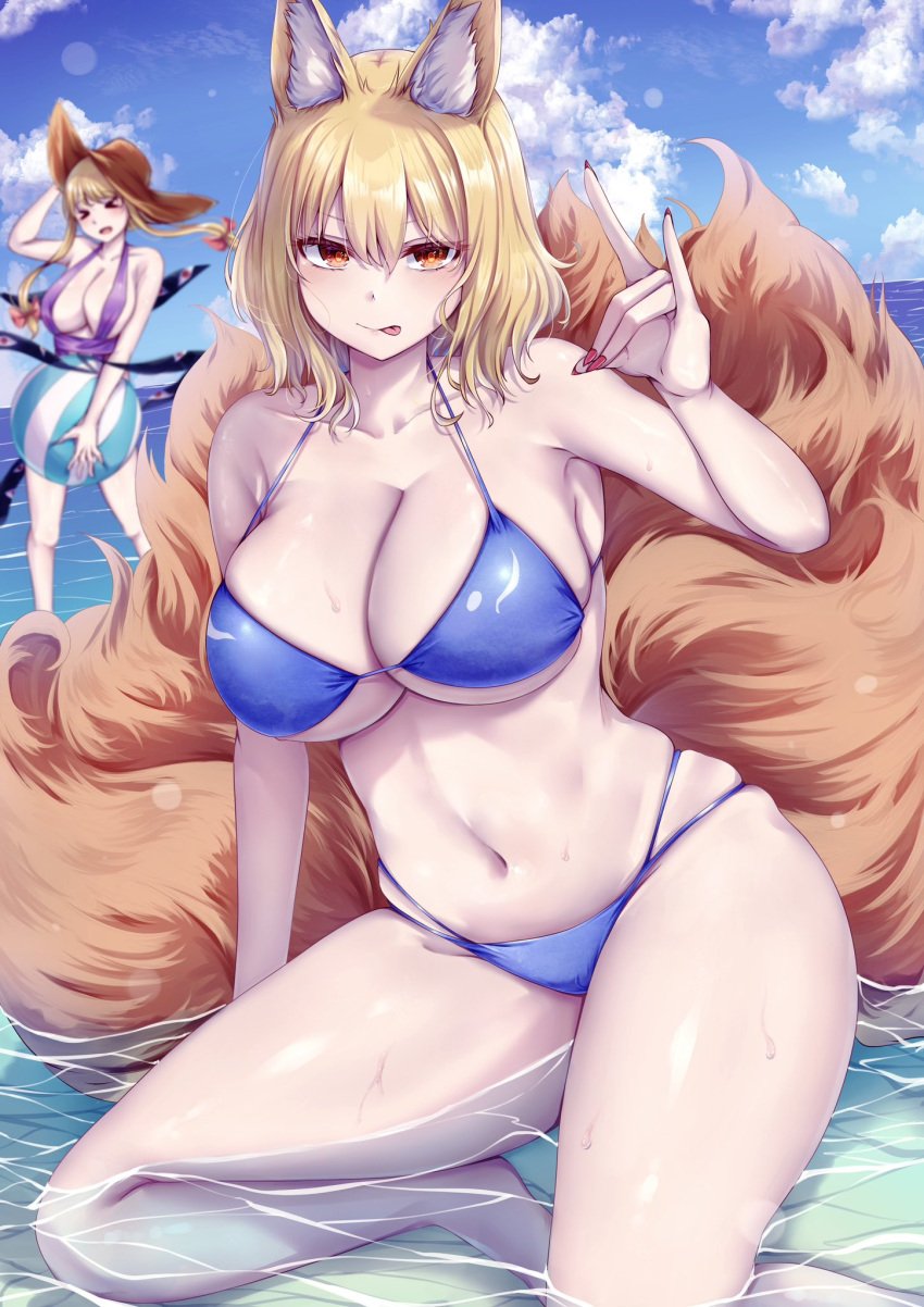 beach big_breasts bikini breasts fox mirufui on_floor ran_yakumo skindentation thick_thighs thighs touhou water wet yukari_yakumo