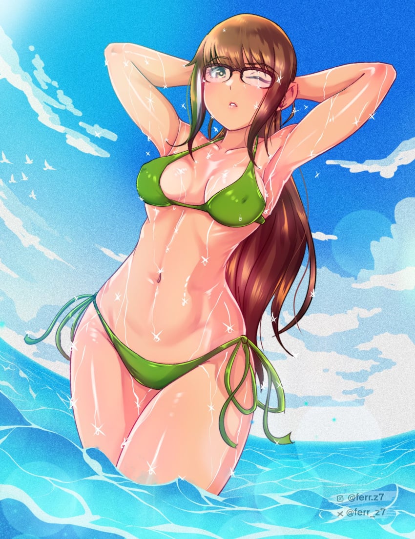 beach bikini brown_body brown_eyes brown_hair chilo_chan chilo_sports eyes glasses mexican_female wink winking_at_viewer