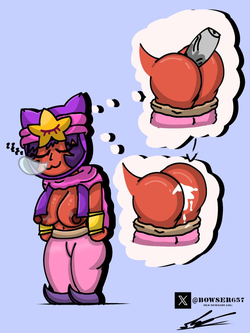 ass ass_focus big_breasts brawl_stars brown_skin cum cum_in_ass purple_hair rule_63 sandy_(brawl_stars) semi_nude sleeping thick_thighs