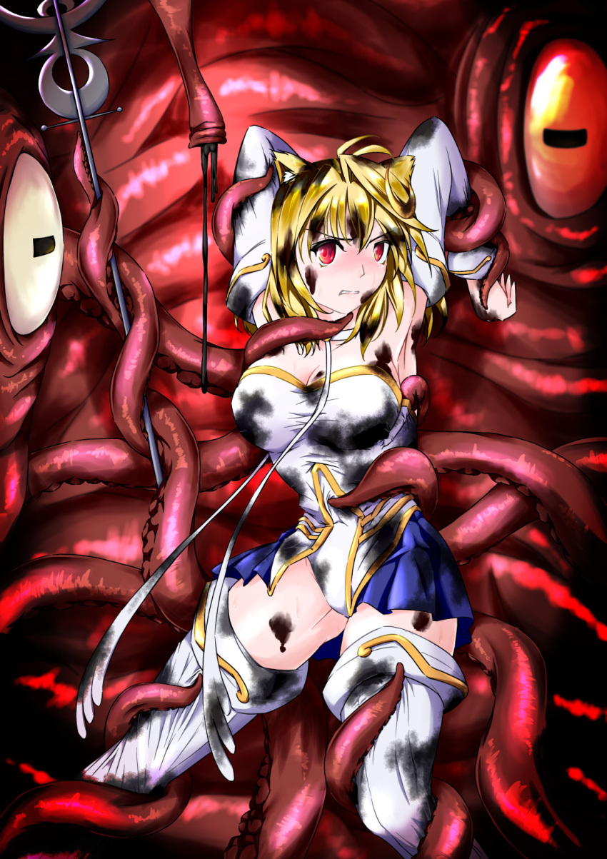 ahoge arcueid_brunestud bare_shoulders big_breasts blonde_hair blue_skirt bondage boots breasts choker cleavage crescent crescent_hair_ornament detached_sleeves drop_shadow female hair_intakes hair_ornament high_heels huge_breasts large_breasts magical_girl medium_breasts phantas-moon red_eyes sequence short_hair skirt smile solo tentacle tentacle_bondage tentacle_monster tentacle_sex thigh_boots thighhighs tsukihime white_footwear ze1g