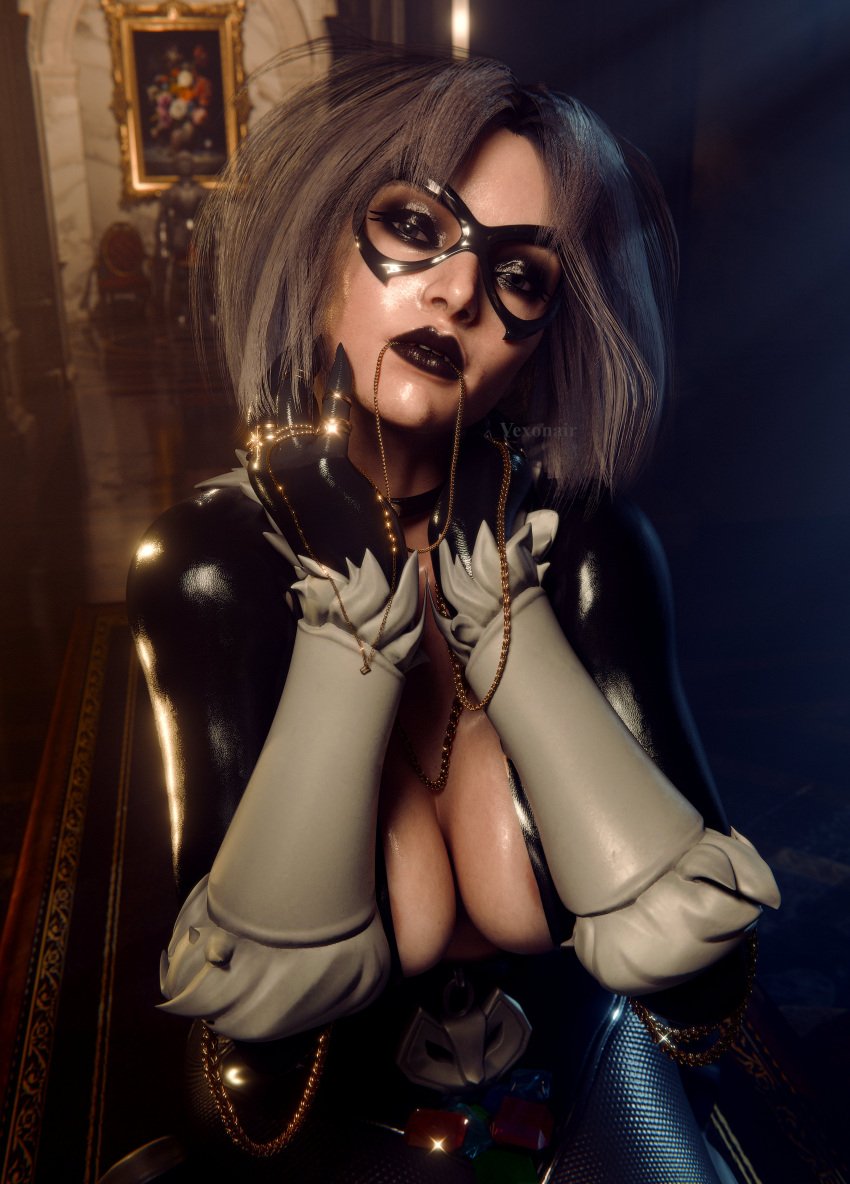 1girls 2024 3d areolae_slip armbands belt belt_buckle big_breasts black_cat_(cosplay) black_eyeshadow black_lipstick breasts catsuit cleavage collar dbd dead_by_daylight detailed_background domino_mask eyeshadow face_mask female female_only full_body_suit gold_necklace gold_rings grey_eyes grey_hair hands_on_face heavy_makeup heist jewelry latex_suit lipstick looking_at_viewer makeup marvel necklace_in_mouth no_bra official_alternate_hairstyle posing pressing_breasts_together rings sable_ward sitting_on_window_sill solo spider-man_(series) vexonair voluptuous voluptuous_female wild_hair