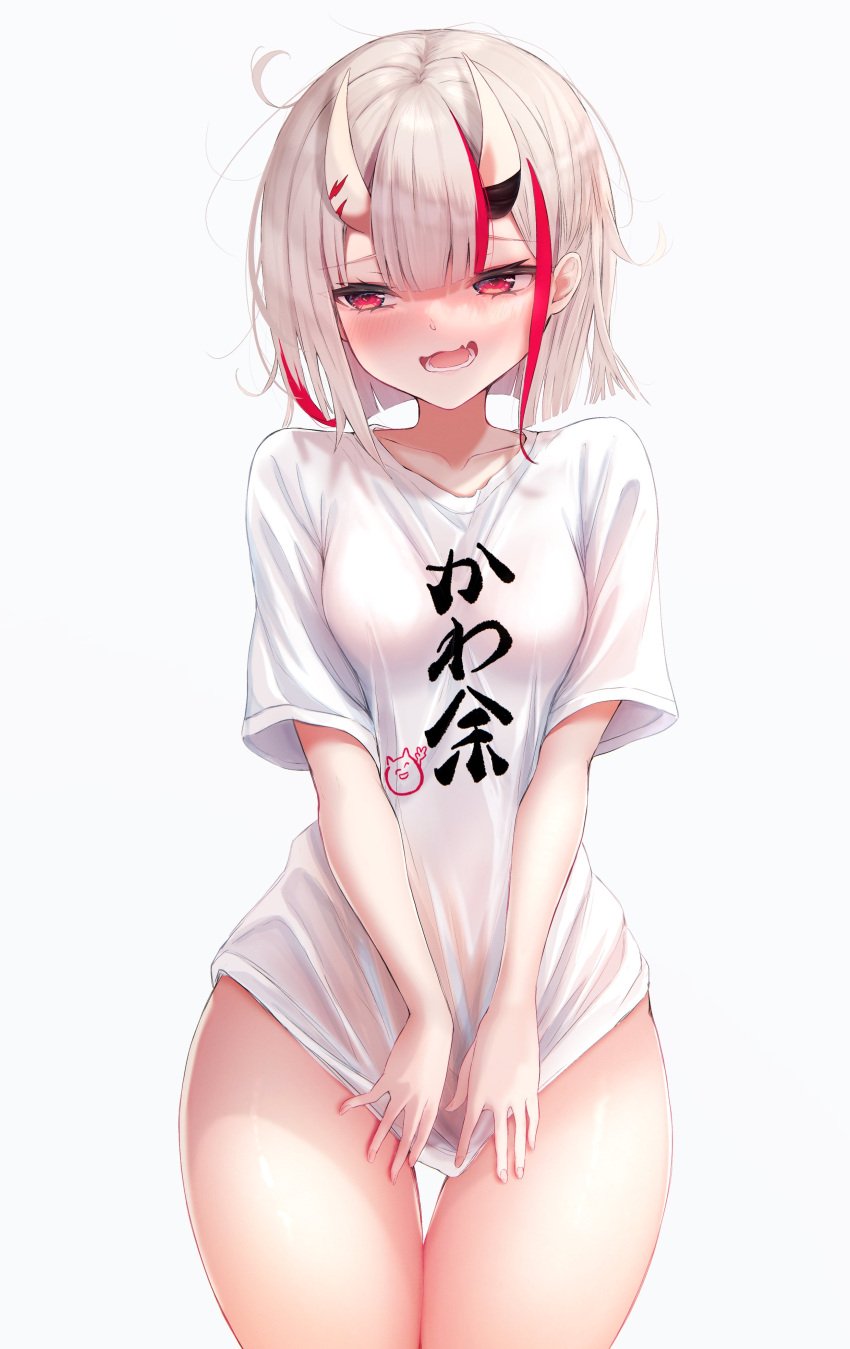 1girls baggy blush bottomless clothes clothing embarrassed female hair hairjapanese highlights hololive hololive_gen_2 hololive_japan horns japanese kanji nakiri_ayame oni red shirt shy snaggle teeth text thick thighs utsusemisanroku virtual_youtuber white