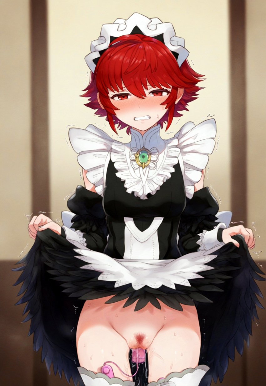 1girls ai_generated black_thighhighs embarrassed exposed_pussy fire_emblem fire_emblem_fates hinoka_(fire_emblem) lifted_by_self lifting_skirt looking_at_viewer maid maid_headdress maid_outfit maid_uniform nai_diffusion nintendo pubic_hair pussy pussy_juice red_eyes red_hair remote_control_vibrator sex_toy short_hair skirt skirt_lift small_breasts stable_diffusion stradiviolet thighhighs tomboy trembling vaginal_insertion vibrator vibrator_in_pussy vibrator_under_clothes