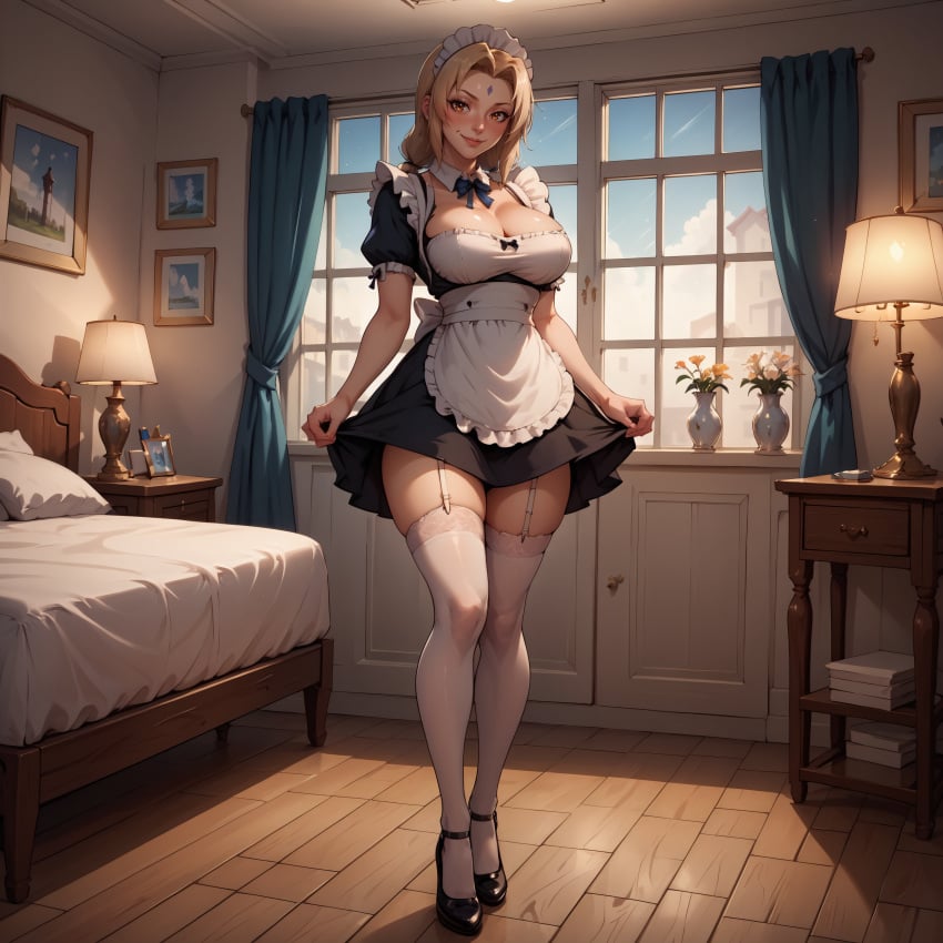 ai_generated bed bedroom black_heels blush breasts collar curvy earrings garter_straps heels highres hourglass_figure housemaid large_breasts legwear looking_at_viewer maid maid_uniform naruto naruto_(series) naruto_shippuden on_floor qwertart short_sleeves smile standing stockings straps tagme thick_thighs tsunade white_stockings wide_hips