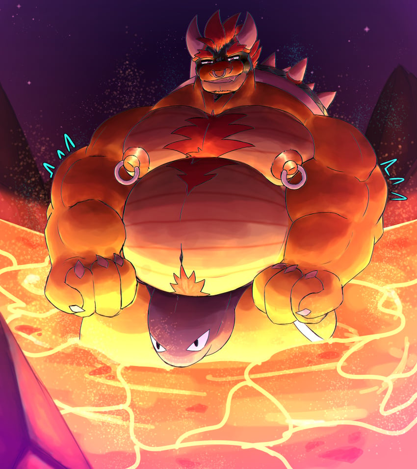 1boy absurd_res anthro belly big_belly big_bulge big_muscles blush body_hair bowser bulge clothing darkened_idiot detailed_bulge facial_piercing hair hi_res horn jockstrap koopa lava male mario_(series) musclegut muscular navel night nintendo nipple_piercing nipples nose_piercing pecs piercing red_eyes red_hair rock scalie solo underwear