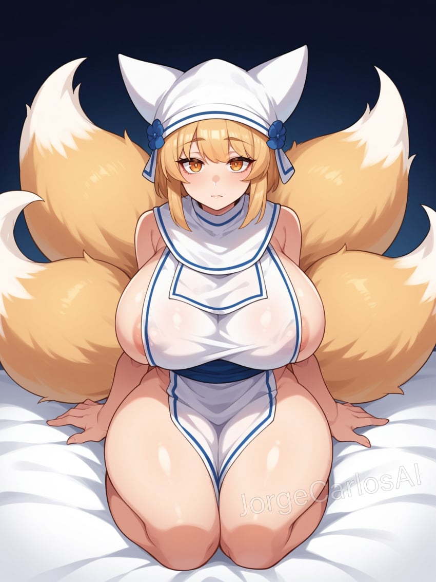 1girls ai_generated areola areola_slip areolae areolae_slip barely_clothed breasts curvaceous curvaceous_female curvaceous_figure curves curvy curvy_body curvy_female curvy_figure curvy_hips cute cute_face explicit female female_focus female_only fox fox_ears fox_girl fox_humanoid fox_tail foxgirl huge_breasts jorgecarlosai multiple_tails orange_eyes orange_hair servant sitting thick thick_thighs watermark wide_hips wide_thighs