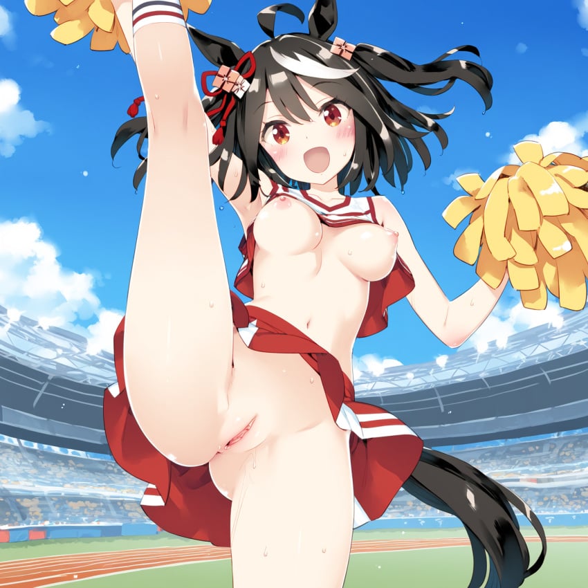 ai_generated breasts cheerleader_uniform kitasan_black_(umamusume) leg_lift medium_breasts pom_poms pussy stadium umamusume umamusume_pretty_derby