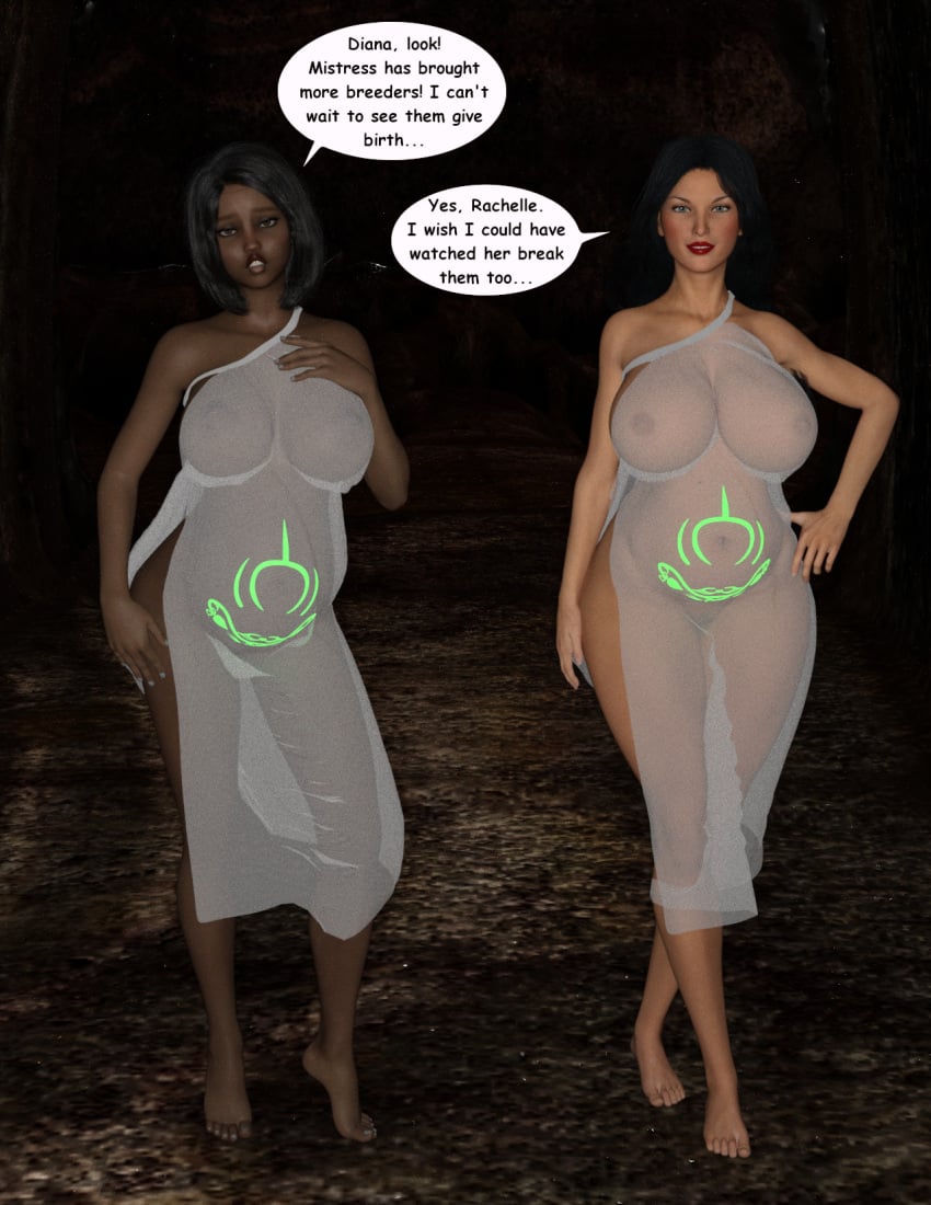 2girls 3d alansmithee_3d barefoot belly big_belly big_breasts black_hair breasts breeding dark-skinned_female dark_skin dc dc_comics dialogue female glowing_tattoo huge_breasts light-skinned_female light_skin nipples nipples_visible_through_clothing pregnant pubic_tattoo tattoo text translucent_clothing wonder_woman wonder_woman_(series)