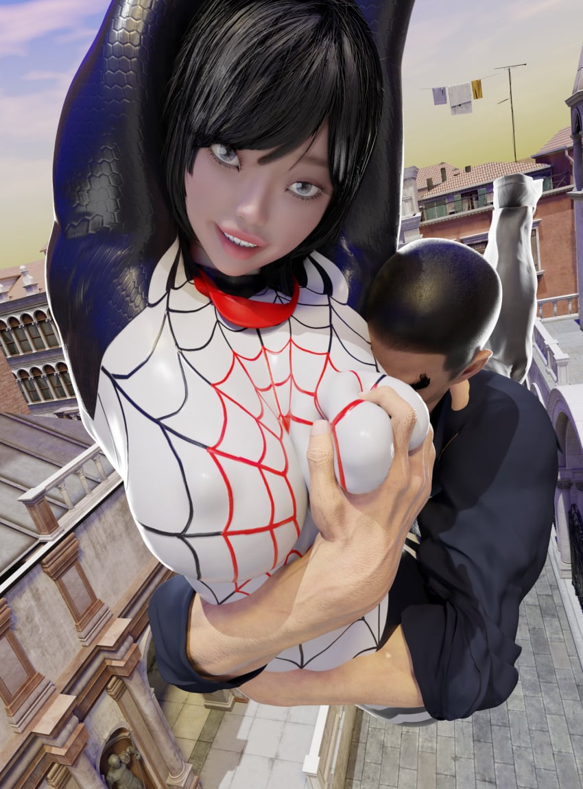 3d asian asian_female cindy_moon grabbing grabbing_breasts grabbing_from_behind gripping gripping_breasts groping groping_breasts groping_from_behind hidden_face marvel marvel_comics silk_(marvel) smiling spider-man_(series)