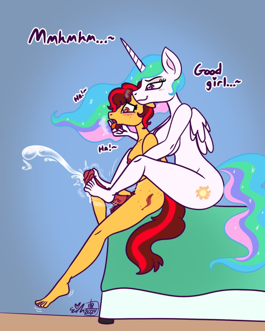 4:5 age_difference alicorn anthro ball_tuft balls barefoot bed breasts breath duo ejaculation equid equine erynerikard feet female female/female foot_fetish foot_play footjob freckles friendship_is_magic furniture genitals good_girl hand_under_chin hasbro hi_res horn mammal my_little_pony mythological_creature mythological_equine mythology nipples older_female on_bed panting pegasus penis princess_celestia_(mlp) sex sunshine_sketch_(oc) trans_(lore) trans_woman_(lore) tuft wings