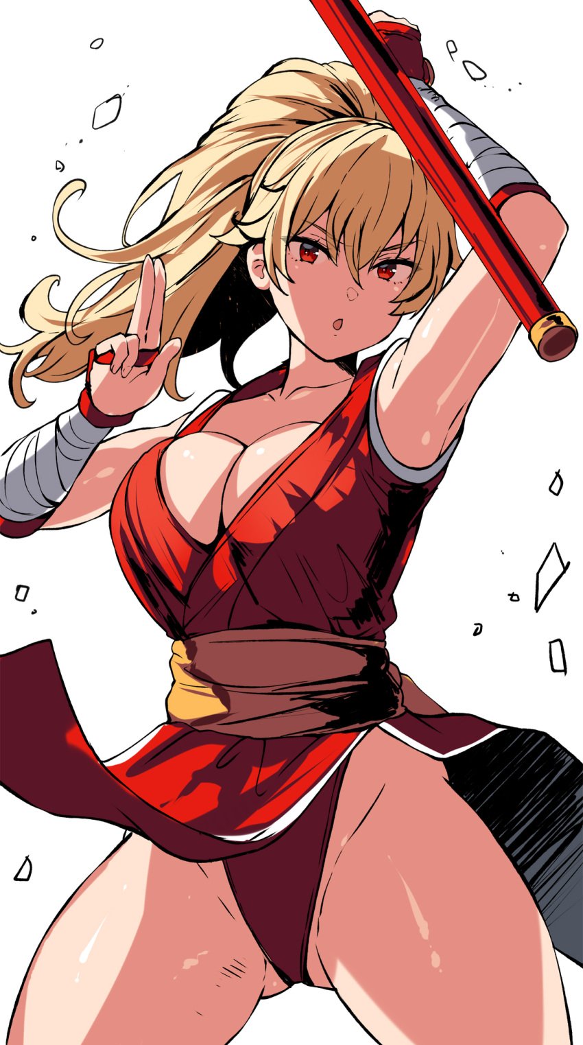 1girls :o bandaged_arm bandages bangs belko blonde_female blonde_hair breasts cleavage cleavage_cutout female female_only final_fight final_fight_2 hi_res light-skinned_female light_skin maki_genryusai ponytail red_clothing red_eyes skirt_up solo thick_thighs thighs white_background