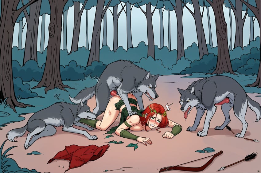 ai_generated animal blush breasts defeated defeated_heroine doggy_style female forest hair_ornament implied_penetration knot large_breasts nature open_mouth outdoors party_wipe puppyhubby red_hair sex straight top-down_bottom-up torn_clothes tree wolf zoophilia