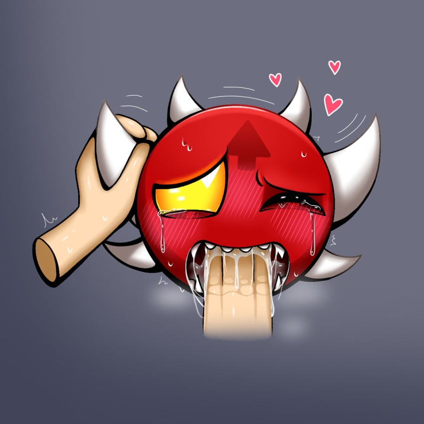 2boys blush circle_head crying cum cum_in_mouth demon extreme_demon geometry_dash gray_background hand_on_head heart_symbol horns nervous non-human oral oral_penetration rape red_skin steam sweat tears toony yellow_eyes