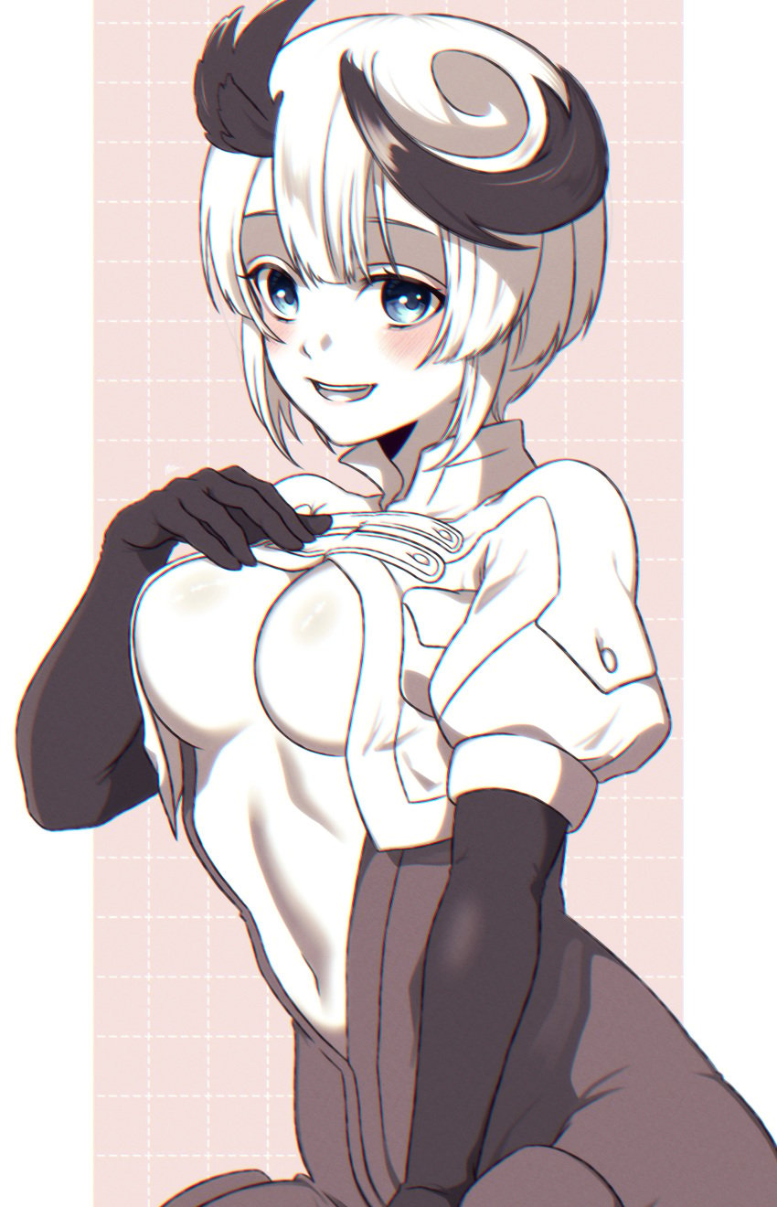 ahoge big_breasts blue_eyes blush cleavage cropped_jacket elbow_gloves female female_only gloves inner_sideboob jumpsuit looking_at_viewer made_in_abyss navel no_bra poyoyo_t restricted_palette short_hair smile solo tepasté two_tone_hair