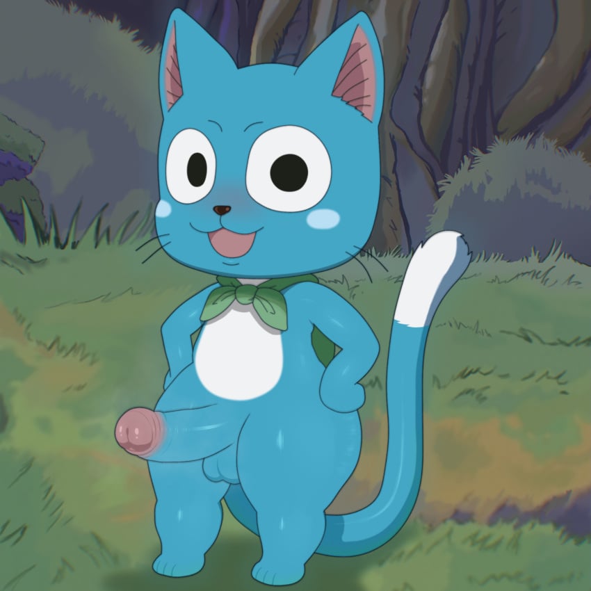 1:1 anthro aroused bag balls belly black_eyes blue_body blue_fur blush blush_stickers chibi curvy_figure dipstick_tail domestic_cat dulone erection exceed fairy_tail felid feline felis foreskin forest fur genitals grass hands_on_hips happy_(fairy_tail) hi_res humanoid_genitalia humanoid_penis knapsack long_tail looking_at_viewer male mammal markings open_mouth outdoor_nudity outside penis plant prick_ears shrub side_butt solo tail tail_markings thick_calves thick_thighs tree whiskers white_belly white_tail_tip wide_hips